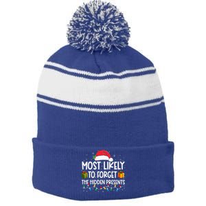 Most Likely To Forget The Hidden Presents Family Christmas Stripe Pom Pom Beanie