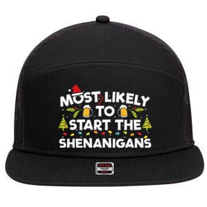 Most Likely To Start The Shenanigans Funny Family Christmas 7 Panel Mesh Trucker Snapback Hat