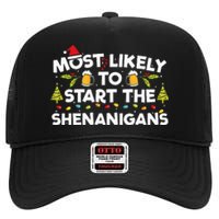 Most Likely To Start The Shenanigans Funny Family Christmas High Crown Mesh Back Trucker Hat