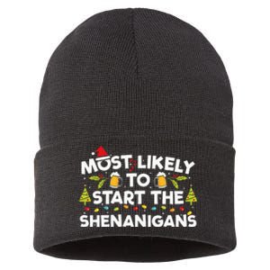 Most Likely To Start The Shenanigans Funny Family Christmas Sustainable Knit Beanie