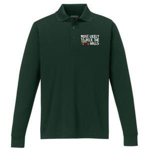 Most Likely To Deck The Halls Christmas Holiday Performance Long Sleeve Polo