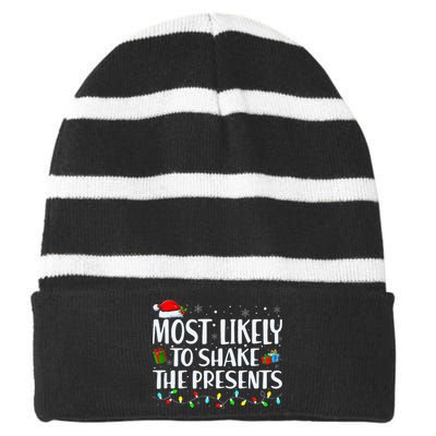 Most Likely To Shake The Presents Family Matching Christmas Striped Beanie with Solid Band