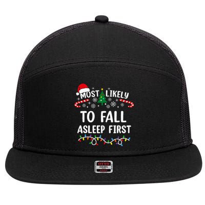 Most Likely To Fall Asleep First Funny Family Christmas 7 Panel Mesh Trucker Snapback Hat