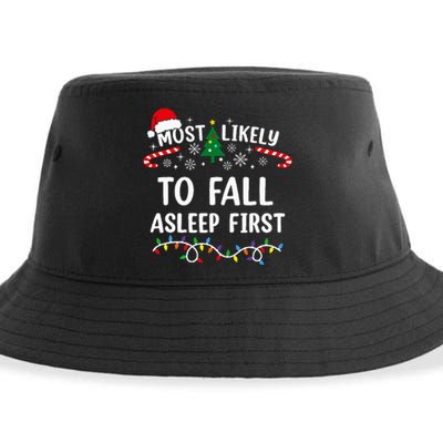 Most Likely To Fall Asleep First Funny Family Christmas Sustainable Bucket Hat