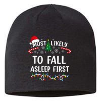 Most Likely To Fall Asleep First Funny Family Christmas Sustainable Beanie