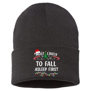 Most Likely To Fall Asleep First Funny Family Christmas Sustainable Knit Beanie