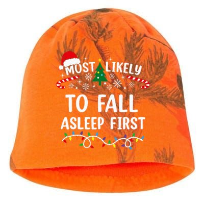 Most Likely To Fall Asleep First Funny Family Christmas Kati - Camo Knit Beanie