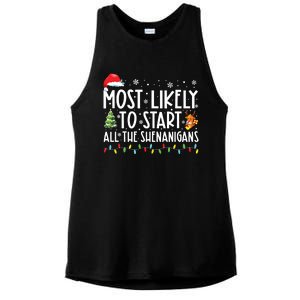 Most Likely To Start All The Shenanigans Family Xmas Holiday Ladies PosiCharge Tri-Blend Wicking Tank