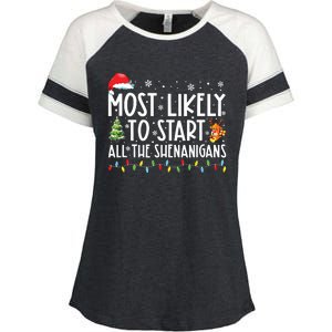 Most Likely To Start All The Shenanigans Family Xmas Holiday Enza Ladies Jersey Colorblock Tee