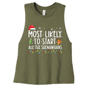 Most Likely To Start All The Shenanigans Family Xmas Holiday Women's Racerback Cropped Tank