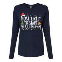 Most Likely To Start All The Shenanigans Family Xmas Holiday Womens Cotton Relaxed Long Sleeve T-Shirt