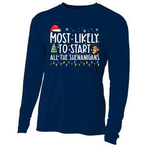 Most Likely To Start All The Shenanigans Family Xmas Holiday Cooling Performance Long Sleeve Crew