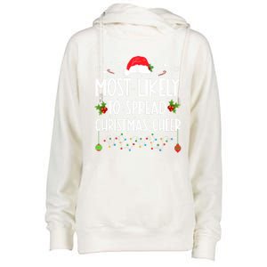 Most Likely To Spread Christmas Cheer Santa Hat Xmas Lights Gift Womens Funnel Neck Pullover Hood