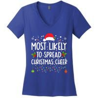 Most Likely To Spread Christmas Cheer Santa Hat Xmas Lights Gift Women's V-Neck T-Shirt