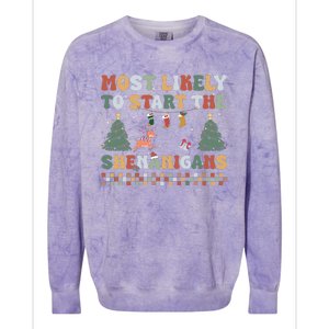 Most Likely To Start The Shenanigans Christmas Matching  Colorblast Crewneck Sweatshirt