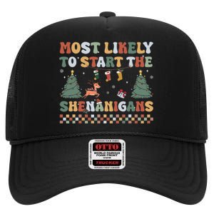 Most Likely To Start The Shenanigans Christmas Matching  High Crown Mesh Back Trucker Hat