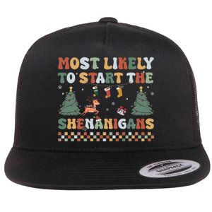 Most Likely To Start The Shenanigans Christmas Matching  Flat Bill Trucker Hat