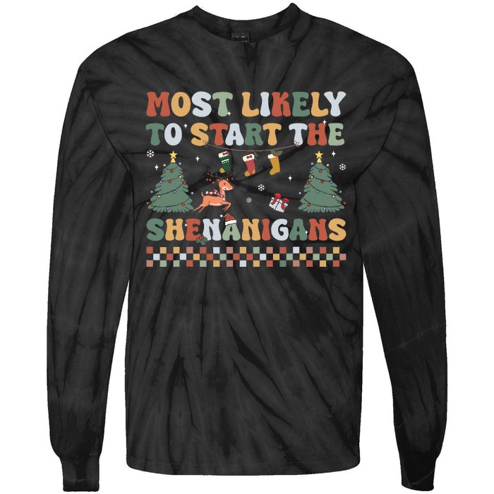 Most Likely To Start The Shenanigans Christmas Matching  Tie-Dye Long Sleeve Shirt