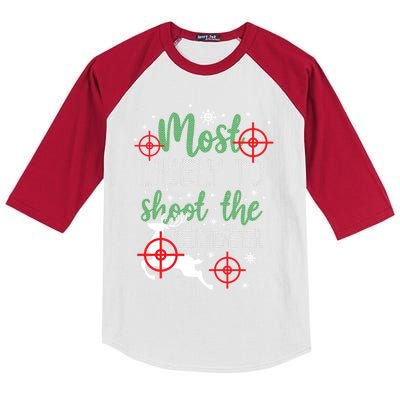 Most Likely To Shoot The Reindeer Christmas Kids Colorblock Raglan Jersey