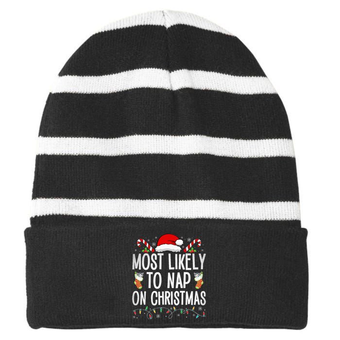 Most Likely To Nap On Christmas Family Christmas Pajamas Striped Beanie with Solid Band