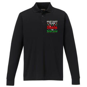 Most Likely To Ask Santa Define Good Funny Christmas Family Performance Long Sleeve Polo