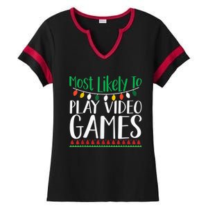 Most Likely To Play Video Games Christmas Family Ladies Halftime Notch Neck Tee