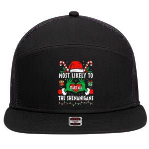 Most Likely To Start All The Shenanigans Family Christmas  7 Panel Mesh Trucker Snapback Hat