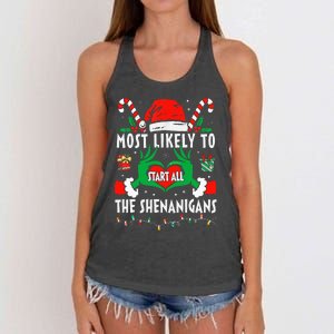 Most Likely To Start All The Shenanigans Family Christmas  Women's Knotted Racerback Tank