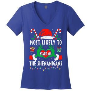 Most Likely To Start All The Shenanigans Family Christmas  Women's V-Neck T-Shirt