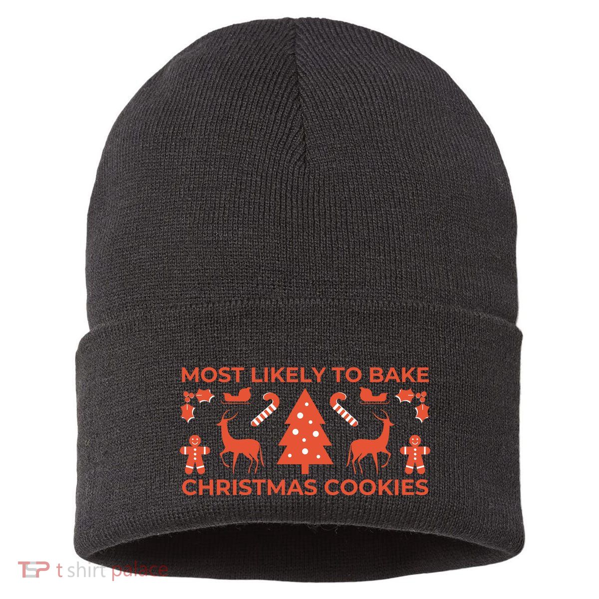 Most Likely To Bake Christmas Cookies Funny Baker Christmas Sustainable Knit Beanie