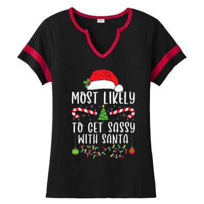 Most Likely To Get Sassy With Santa Christmas Matching Ladies Halftime Notch Neck Tee