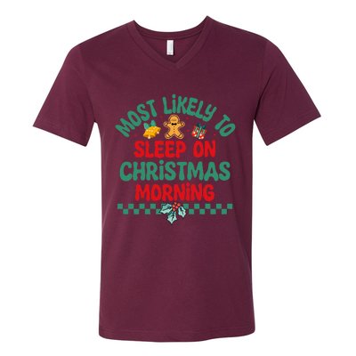 Most Likely To Sleep On Christmas Morning Christmas Pajamas V-Neck T-Shirt