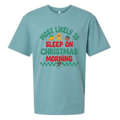 Most Likely To Sleep On Christmas Morning Christmas Pajamas Sueded Cloud Jersey T-Shirt