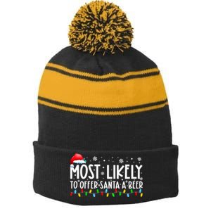 Most Likely To Offer Santa A Beer Funny Christmas Stripe Pom Pom Beanie