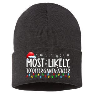 Most Likely To Offer Santa A Beer Funny Christmas Sustainable Knit Beanie