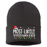 Most Likely To Offer Santa A Beer Funny Christmas Sustainable Knit Beanie