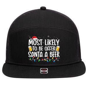 Most Likely To Offer Santa A Beer Funny Drinking Christmas 7 Panel Mesh Trucker Snapback Hat