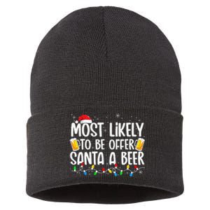 Most Likely To Offer Santa A Beer Funny Drinking Christmas Sustainable Knit Beanie