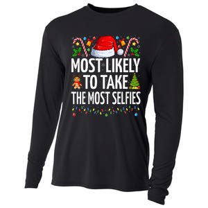 Most Likely To Take The Most Selfies Funny Family Christmas Cooling Performance Long Sleeve Crew