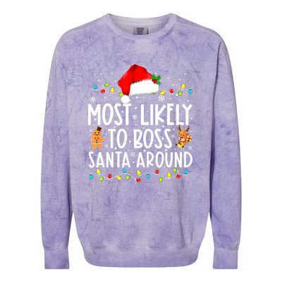 Most Likely To Boss Santa Around Funny Christmas Santa Hat Colorblast Crewneck Sweatshirt