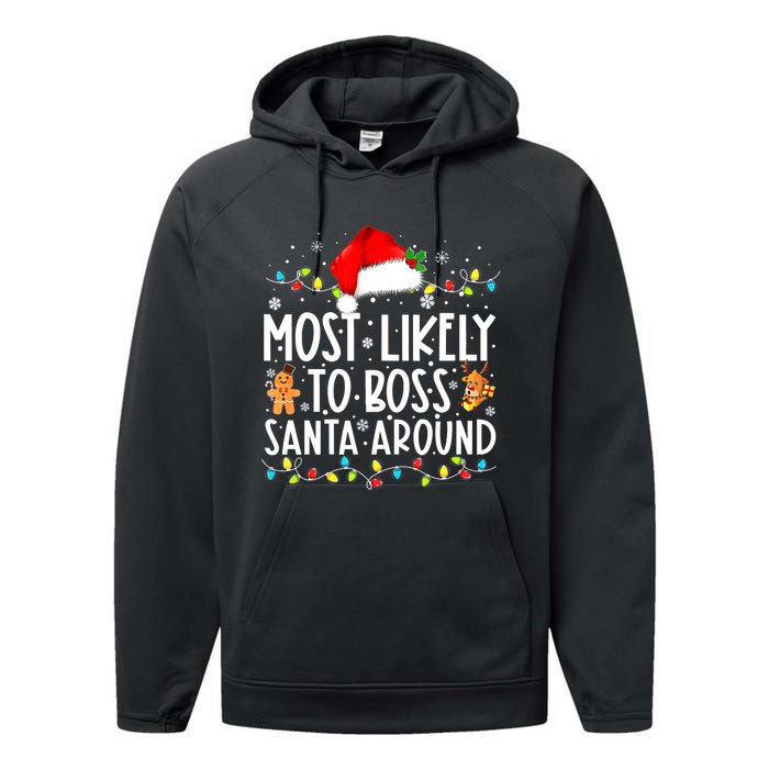 Most Likely To Boss Santa Around Funny Christmas Santa Hat Performance Fleece Hoodie