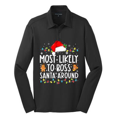 Most Likely To Boss Santa Around Funny Christmas Santa Hat Silk Touch Performance Long Sleeve Polo