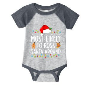 Most Likely To Boss Santa Around Funny Christmas Santa Hat Infant Baby Jersey Bodysuit