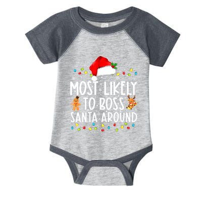 Most Likely To Boss Santa Around Funny Christmas Santa Hat Infant Baby Jersey Bodysuit