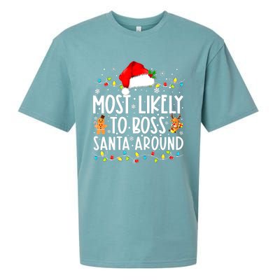 Most Likely To Boss Santa Around Funny Christmas Santa Hat Sueded Cloud Jersey T-Shirt