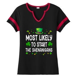 Most Likely To Start The Shenanigans Funny St Patricks Day Ladies Halftime Notch Neck Tee