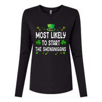 Most Likely To Start The Shenanigans Funny St Patricks Day Womens Cotton Relaxed Long Sleeve T-Shirt