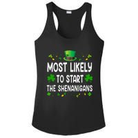 Most Likely To Start The Shenanigans Funny St Patricks Day Ladies PosiCharge Competitor Racerback Tank