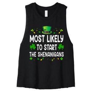 Most Likely To Start The Shenanigans Funny St Patricks Day Women's Racerback Cropped Tank