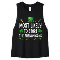 Most Likely To Start The Shenanigans Funny St Patricks Day Women's Racerback Cropped Tank